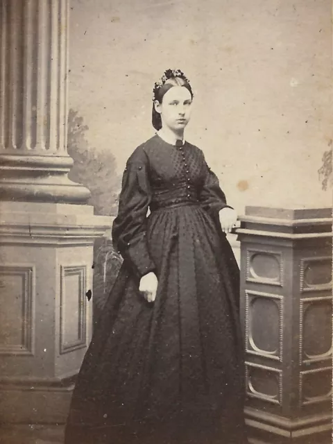 Antique CDV Photo Lovely Young Woman Snood Hoop Dress 1860s Floral Headband