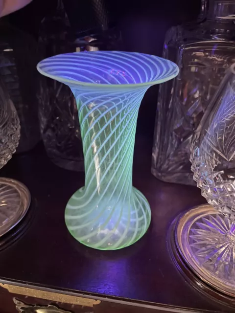 James Powell Stripped Opal Uranium / Vaseline Glass Vase