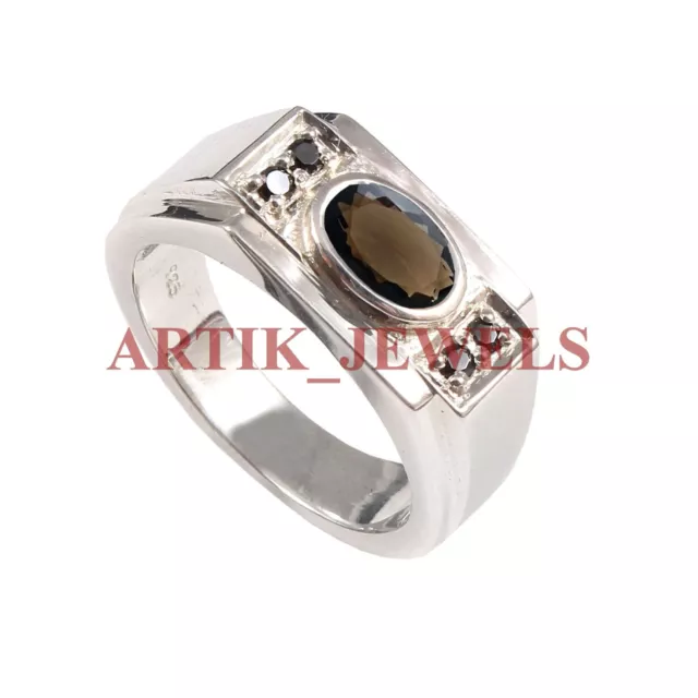 Naturale Fumoso Quarzo & Spinello Con 14K Placcato Oro Bianco Argento Uomo Ring