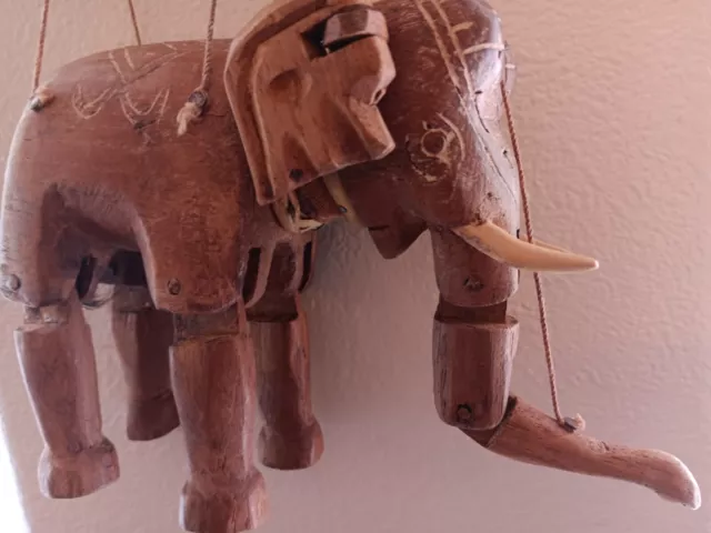 Vintage Hand Carved Teak Wood Elephant String Marionette Puppet Decor