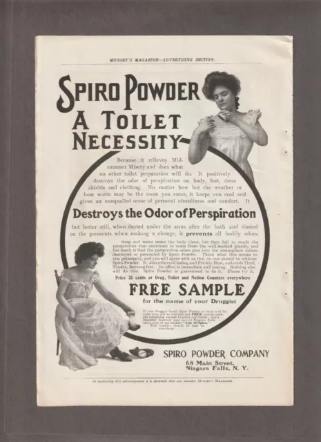 1904 SPIRO POWDER Magazine AD~FOOT ODOR/Perspiration~NIAGARA FALLS~Postum Coffee