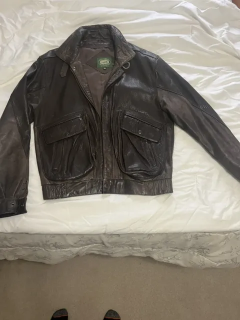 Hill &Archer Mens Brown Leather Bomber Jacket With Removable Fleece Line Size 40