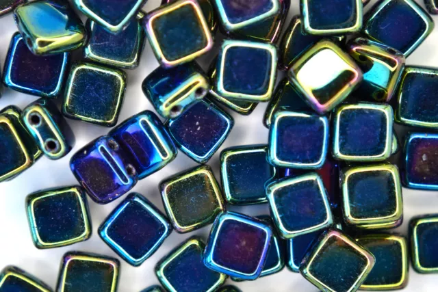 25x CzechMates Tile Czech Beads 6x6mm Iris Blue Two Hole Beading