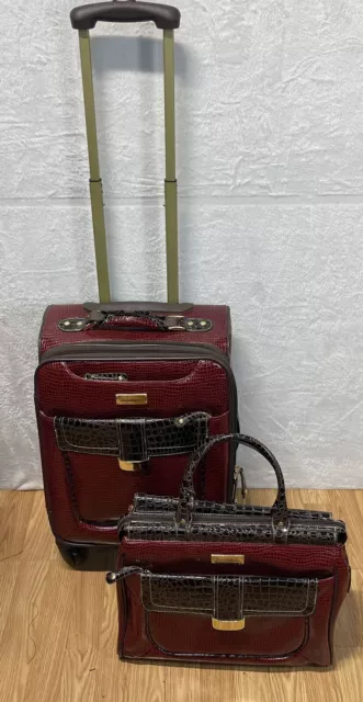 Samantha Brown 2 pc Expandable Luggage Set Spinner Croc Embossed Burgundy