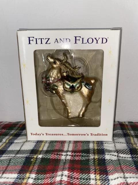 FITZ AND FLOYD GLASS CHRISTMAS ORNAMENT- CHRISTMAS DEER w/ HOLLY - IN ORIG BOX