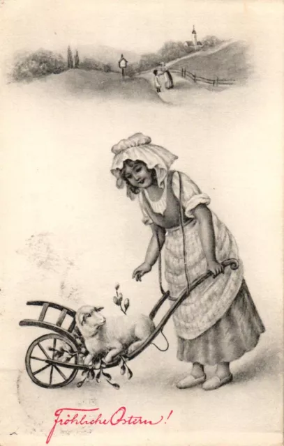 Ostern, Mädchen, Lamm, 1908 von Schwaben nach Ulm versandt