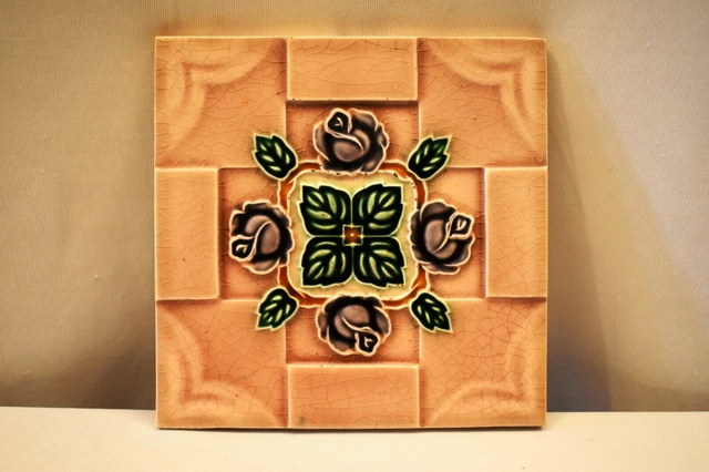 Vintage Japan Saji Tile Porcelain Ceramic Purple Rose Green Leaf Art Nouveau"903