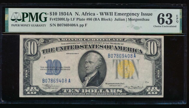 AC $10 1934A North Africa B-A block PMG 63 EPQ Fr 2309 Late Face Plate #86
