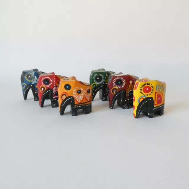 6 Small Hand-Painted Wooden Elephants.  Collectable Figurines. Indian. VGC