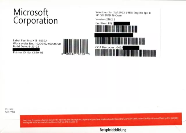 Microsoft Windows Server 2022 Standard - 16 CORE DVD NEU VERSIEGELT DEUTSCH DSP