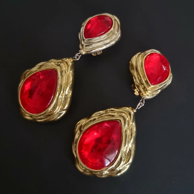 Boucles D'oreilles Clips Vintage Dorées Michel Buffet - Occasion, Pierre Strass