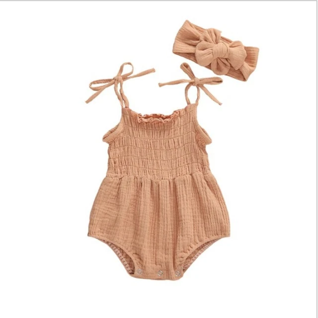 Linen Romper Jumpsuit Playsuit Newborn Infant Baby Girls Clothes Cotton Headband