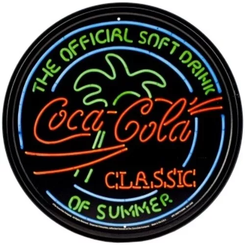 Coke Neon Summer 12" Round Tin Metal Sign Official Coca-Cola Retro Home Decor