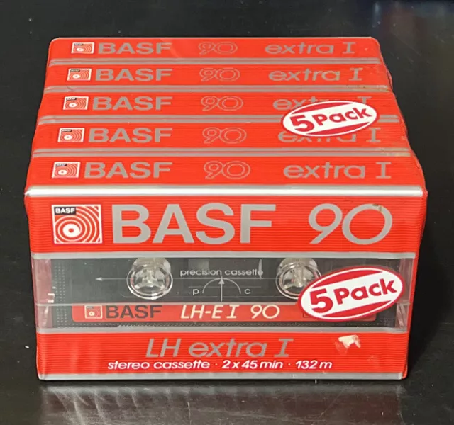 BASF 90 LH Extra I Stereo Cassette Tape 90 minute LH-E I, New Sealed, 5 Pack