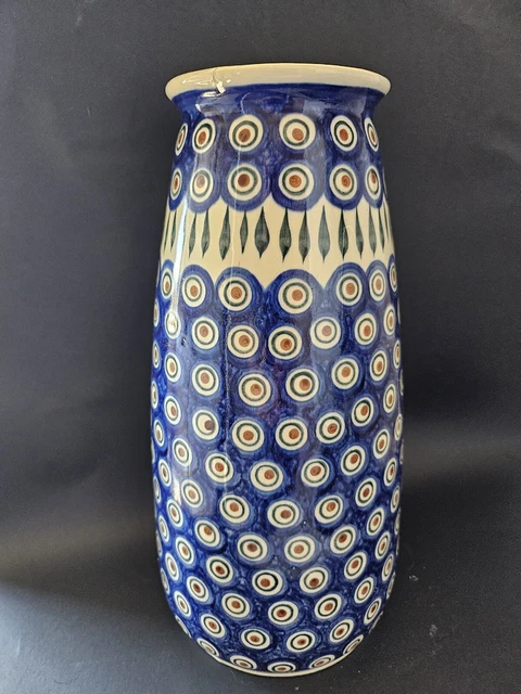 New  Bolesławiec Polish Pottery - Large 13.5"  Tall Vase  Peacock Patern