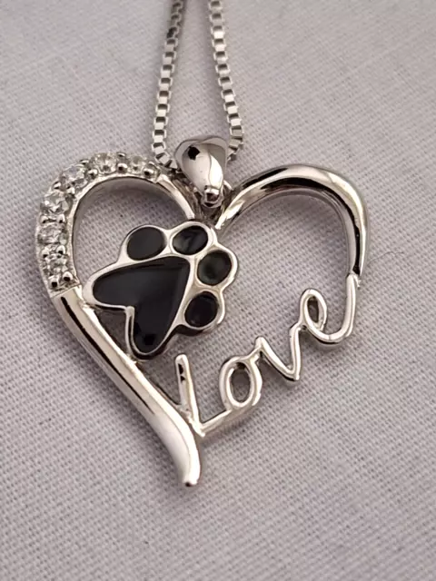 Silver 925 Pretty Heart Cat Dog Paw Print Necklace