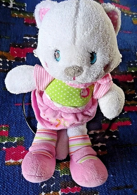 Fb /  Doudou Peluche Nicotoy Chat Blanc Robe Rose Vert Pois Souris 23 Cm Tbe