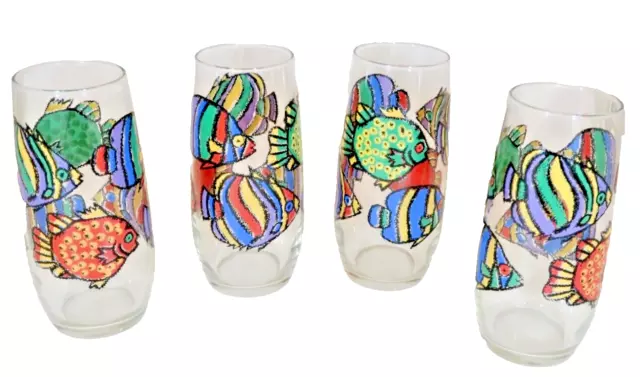 Libbey Vintage Colorful FISH TROPICAL 16oz. Tumbler Glass 6-1/4" Set of 4