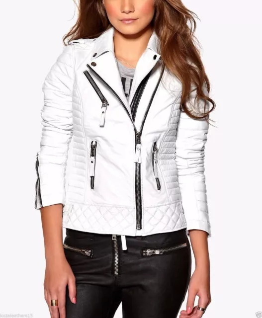 Leather Jacket Women Biker Coat Moto Fit Womens L Motorcycle S Lambskin White 69