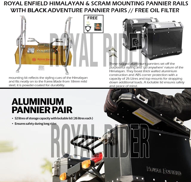 ROYAL ENFIELD BLACK Pannier Pairs & Silver Pannier Rails For Himalayan ...