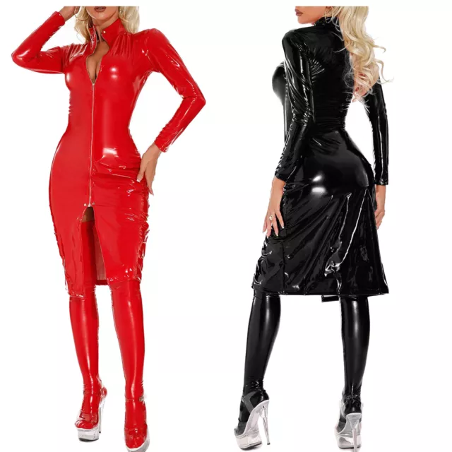 Womens Dress Sexy Bodycon Punk Patent Leather Shiny Costume Zipper Adult Pole