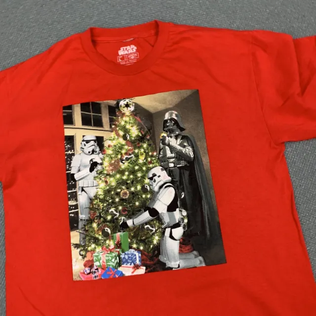 T-shirt natalizia Star Wars da uomo taglia L rossa Dearth perline Storm Trooper maglietta di Natale