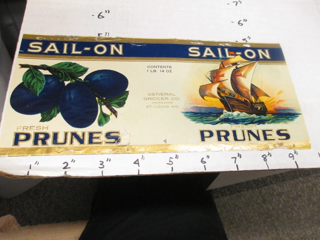 SAIL-ON prunes fruit 1930s sailing ship tin can food paper label General Grocer