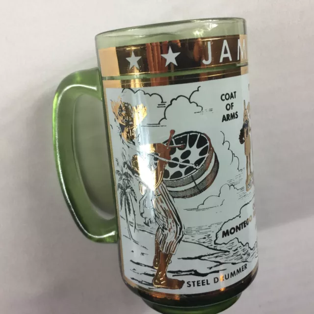 Jamaica Glass Stein VTG Mug Cup Clear Green Gold Coat Of Arms Beer Drink Culture