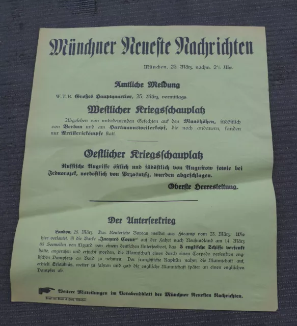 1. WK Plakat Tagesaufruf Aufmacher Münchner Zeitung Maashöhen