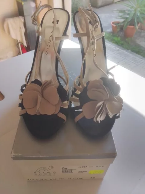 Scarpe Donna Ikaros Vero Cuoio Nr.38-Tacco 12 Usate Colore Blu E Beige