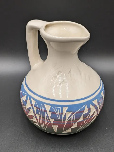 Navajo Signed Hand Painted Carved Details Pottery Southwest Pitcher Jug American