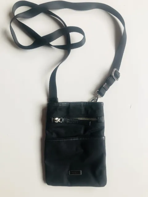 TUMI Mini Pocket Bag in Black with Silver Hardware Nylon Pouch Crossbody