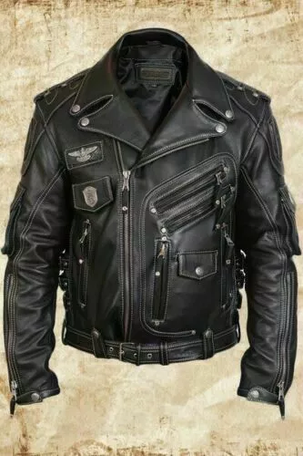 Men's Genuine Cowhide Premium Leather Motorcycle Biker Top Leather Jacket Black