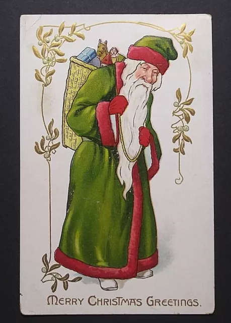 Merry Christmas Santa in Red-Trimmed Green Suit Tucks Embossed Postcard c1910s