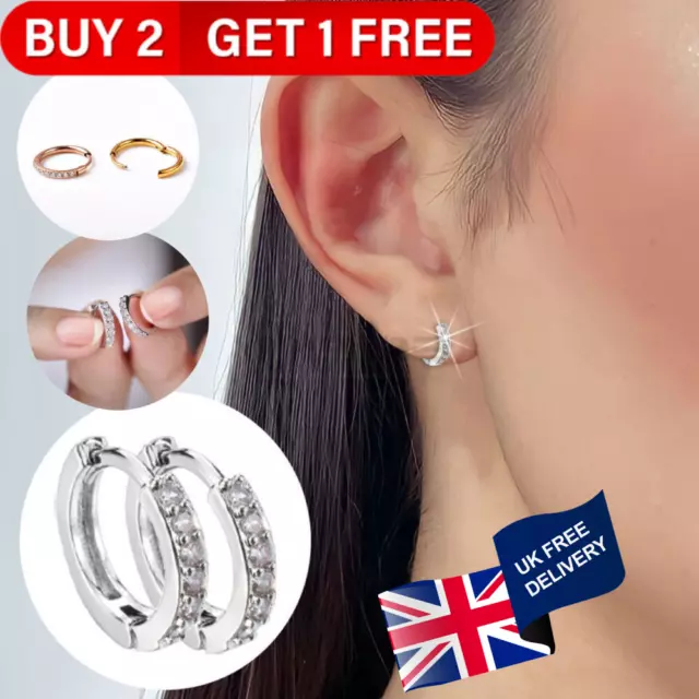 Small Cubic Zirconia Round Cut 925 Sterling Silver Hoop Huggie Stud Earrings UK