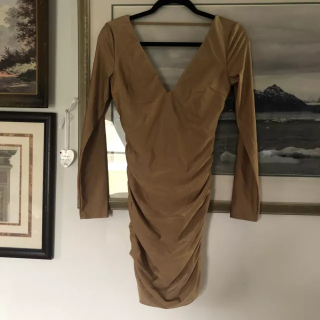 TIGER MIST Mason Dress Slinky Ruched Long Sleeve V Neck Brown Sexy Sz M A2007