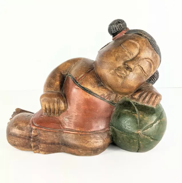 Vintage Hand-carved Wood Statue SLEEPING BABY GIRL  Asian Polynesian Art Deco