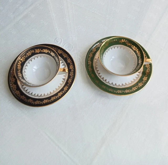 2 Tasses à café et soucoupes en porcelaine de Limoges vert noir et or