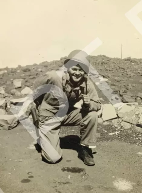 Vintage Photo Handsome Young Man In Military Uniform Kneeling & Smiling 1940s