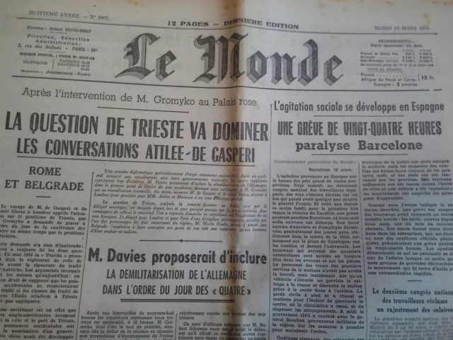 Le Monde 13 Mars 1951 Zeitung Nr. 1907