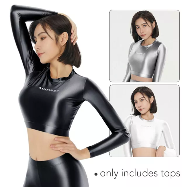AMORESY Oil Shiny Stretch Crop Top Glossy Long Sleeve Sports Gym T-shirt Women