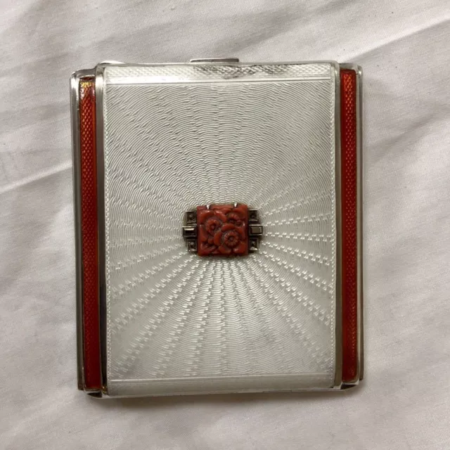 Art Deco 1936 Asprey & Co. Solid Silver Enamel, Coral & Marcasite Cigarette Case