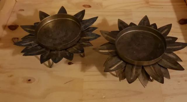 Two (2) Brass Colored Sunflower Flower Candle Holder Handmade Rustic Cottagecore