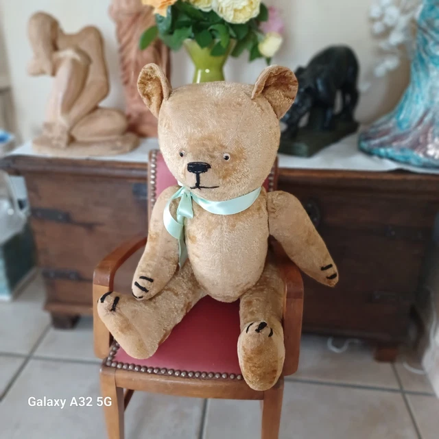 Grand Ours Pintel 55 Cm – 1915, Mohair Et Paille, Bruiteur, Teddy Bear Ancien