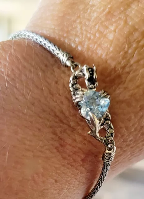 John Hardy Naga Dragon Holding Blue Topaz Heart Silver Bracelet, Slender Fit