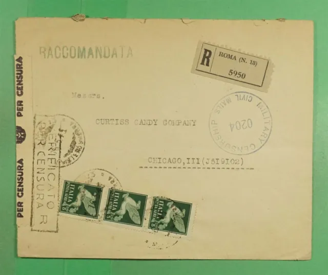 DR WHO 1945 ITALY CIVIL CENSORED REGISTERED ROME TO USA j46228