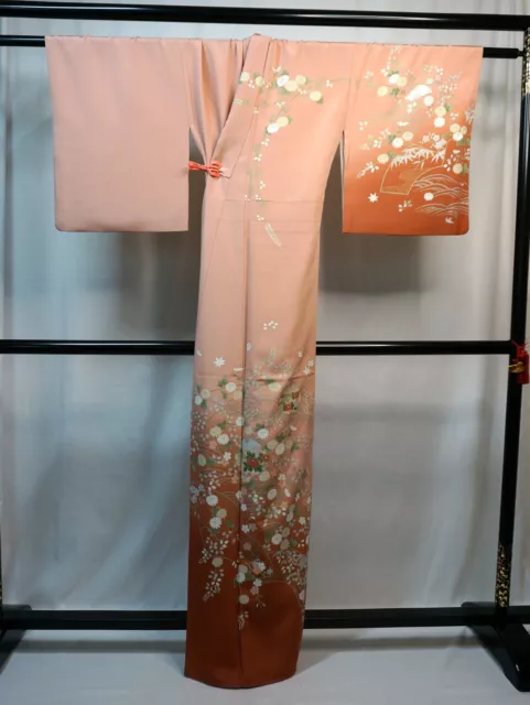 Japanese kimono  "HOUMONGI" SILK, Gold leaf, Plants, Pink gradation, ,L64"..2156