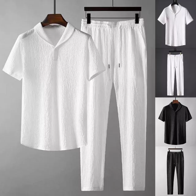 Summer Men's 2pc Cotton Linen Walking Suit Short Sleeve Casual Shirt & Pants Set