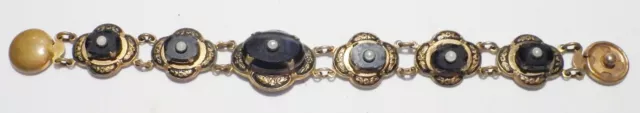 Ornate Antique Victorian Black Onyx & Pearl Brass Mourning Link Snap Bracelet 7" 2