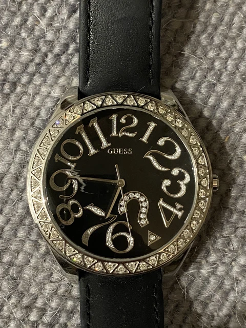 LADIES GUESS WATCH Large Face Diamonte Black Leather Strap